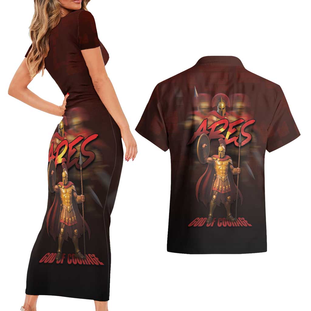 Ancient Greek Ares Couples Matching Short Sleeve Bodycon Dress and Hawaiian Shirt God Of War And Courage - Wonder Print Shop