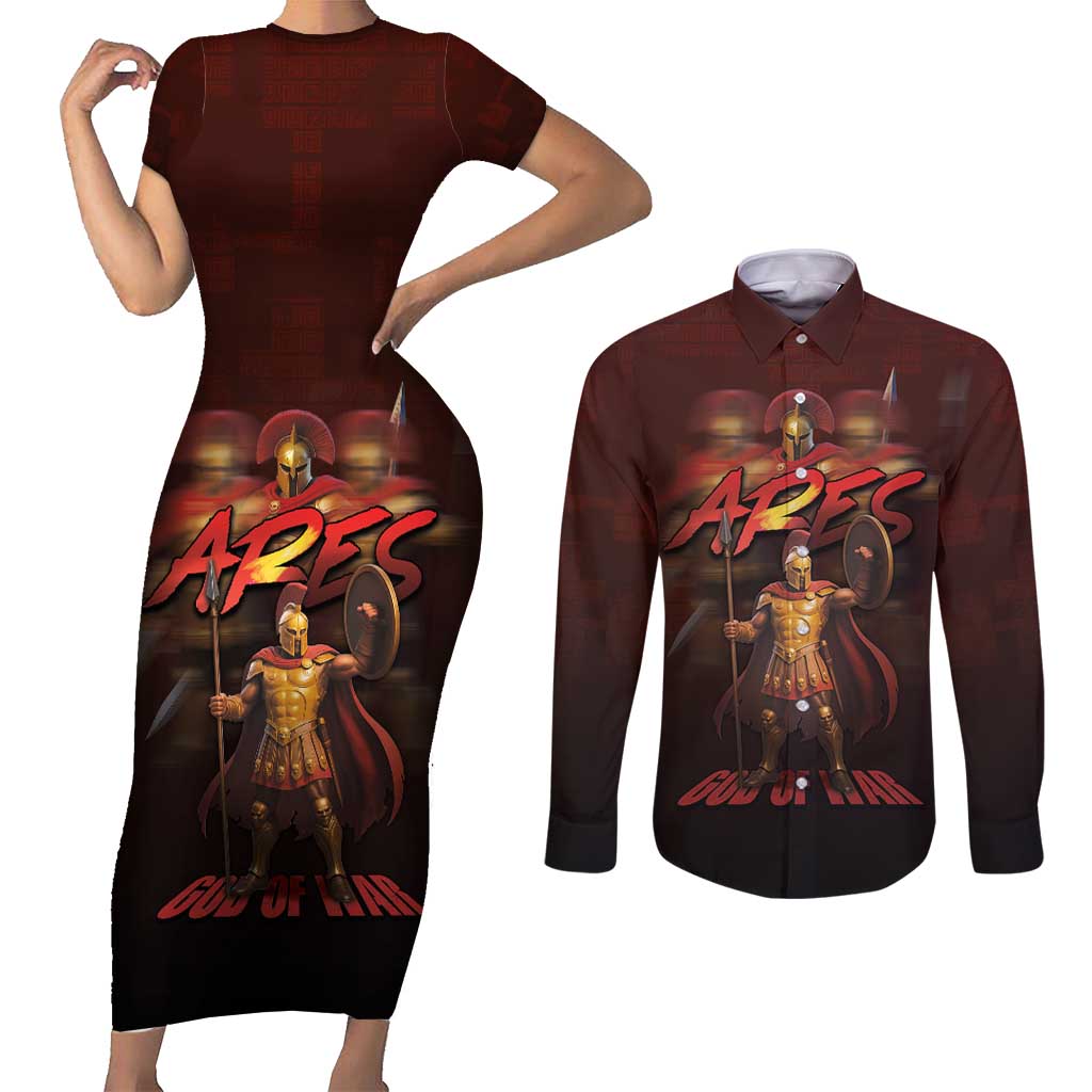 Ancient Greek Ares Couples Matching Short Sleeve Bodycon Dress and Long Sleeve Button Shirt God Of War And Courage - Wonder Print Shop