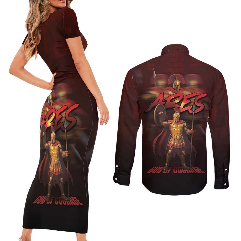 Ancient Greek Ares Couples Matching Short Sleeve Bodycon Dress and Long Sleeve Button Shirt God Of War And Courage - Wonder Print Shop