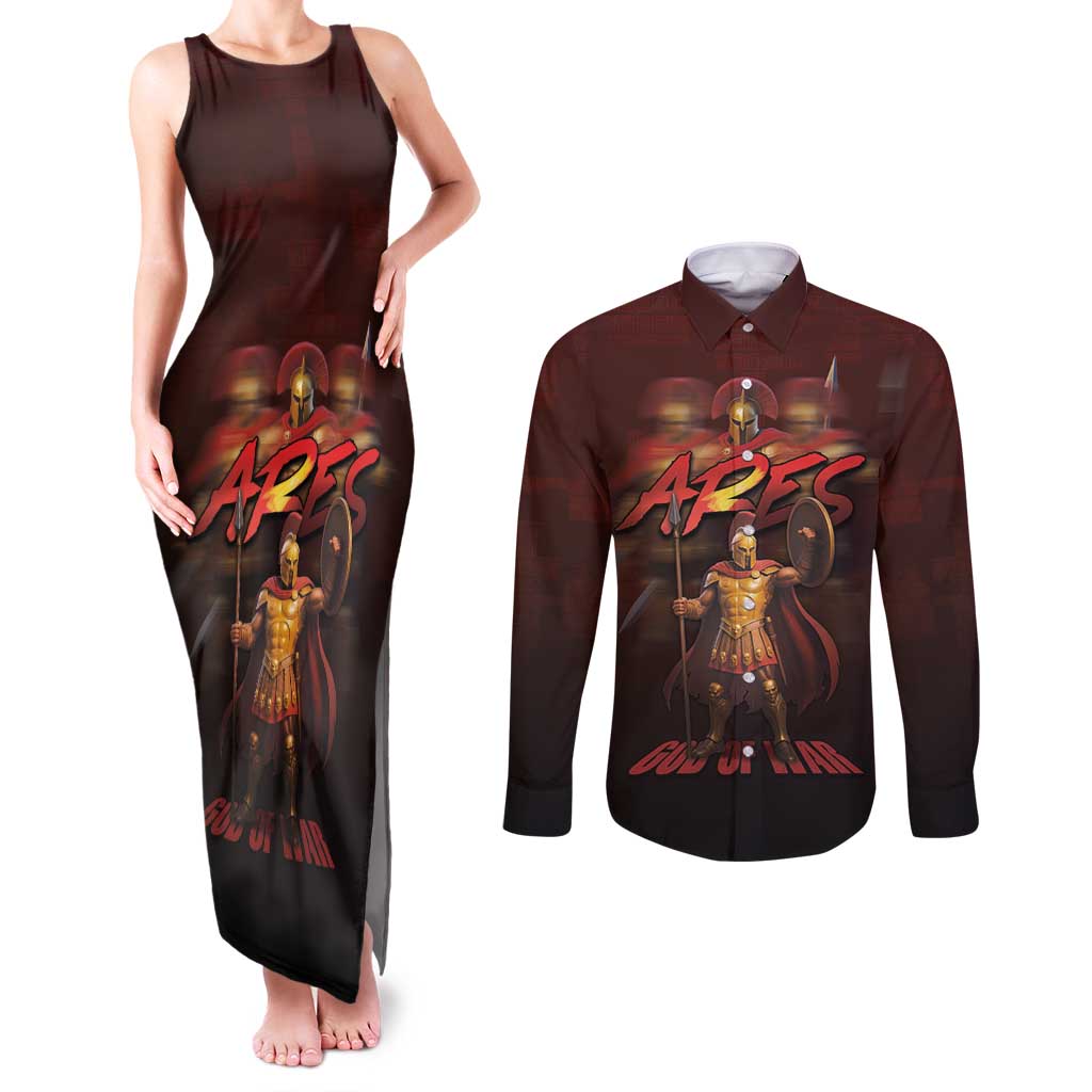 Ancient Greek Ares Couples Matching Tank Maxi Dress and Long Sleeve Button Shirt God Of War And Courage - Wonder Print Shop