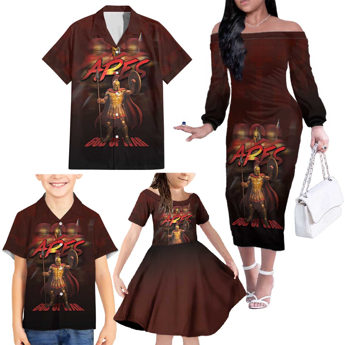 Ancient Greek Ares Family Matching Off The Shoulder Long Sleeve Dress and Hawaiian Shirt God Of War And Courage - Wonder Print Shop