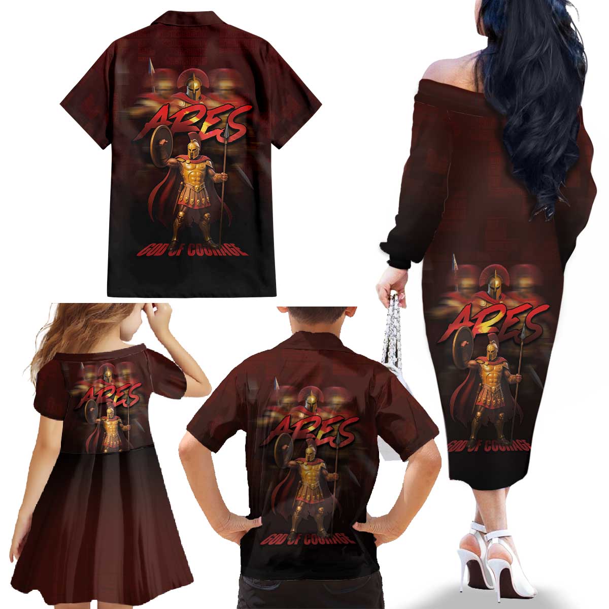 Ancient Greek Ares Family Matching Off The Shoulder Long Sleeve Dress and Hawaiian Shirt God Of War And Courage - Wonder Print Shop