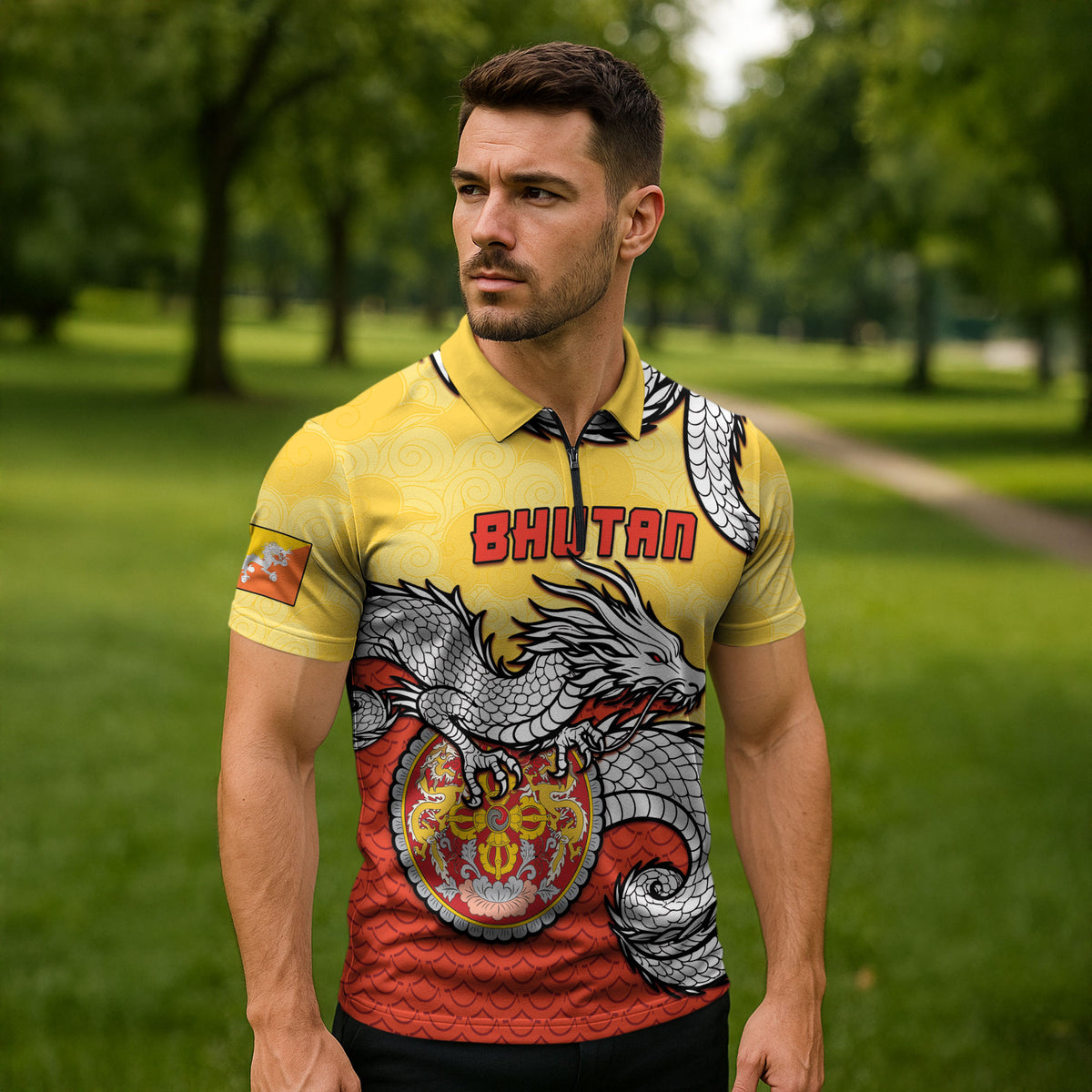 Personalized Bhutan Zipper Polo Shirt Druk Thunder Dragon Pattern