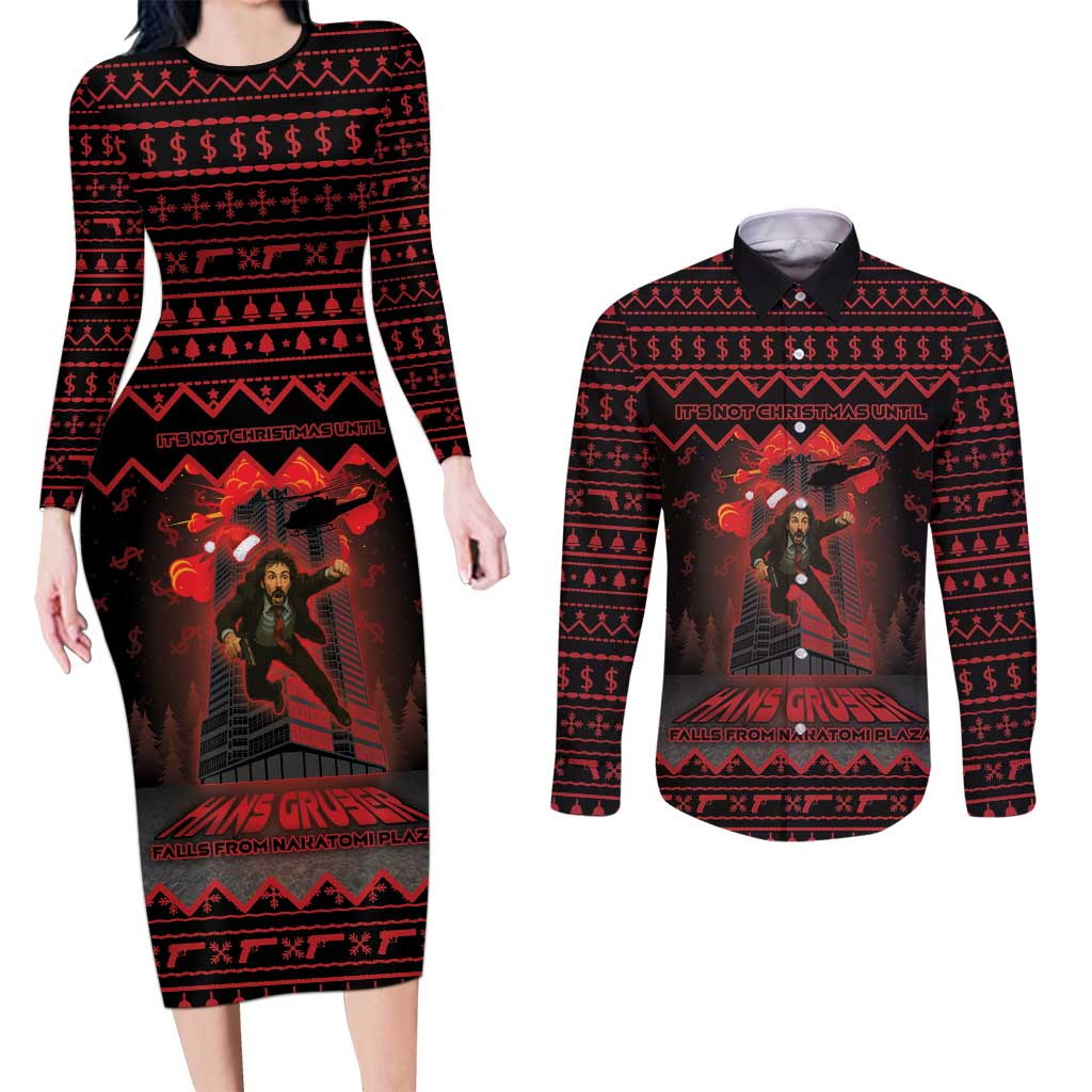 Xmas Eve 1988 Couples Matching Long Sleeve Bodycon Dress and Long Sleeve Button Shirt It Is Not Christmas Unil Hans Gruber Falls From Nakatomi Plaza - Wonder Print Shop