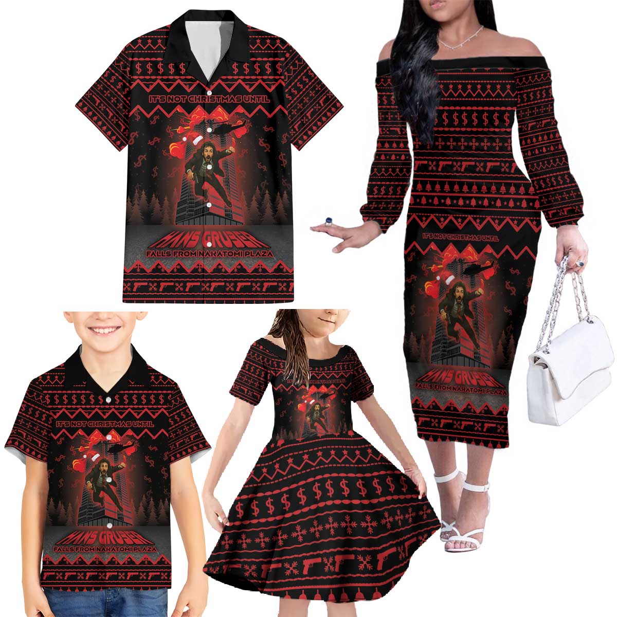 Xmas Eve 1988 Family Matching Off The Shoulder Long Sleeve Dress and Hawaiian Shirt It Is Not Christmas Unil Hans Gruber Falls From Nakatomi Plaza - Wonder Print Shop