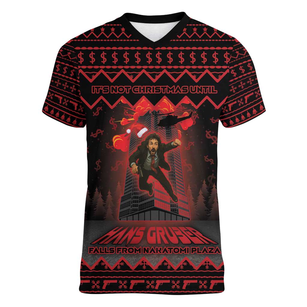Xmas Eve 1988 Women V-Neck T-Shirt It Is Not Christmas Unil Hans Gruber Falls From Nakatomi Plaza - Wonder Print Shop