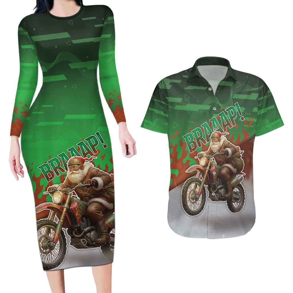 Braaap Christmas Couples Matching Long Sleeve Bodycon Dress and Hawaiian Shirt Motocross Santa - Wonder Print Shop