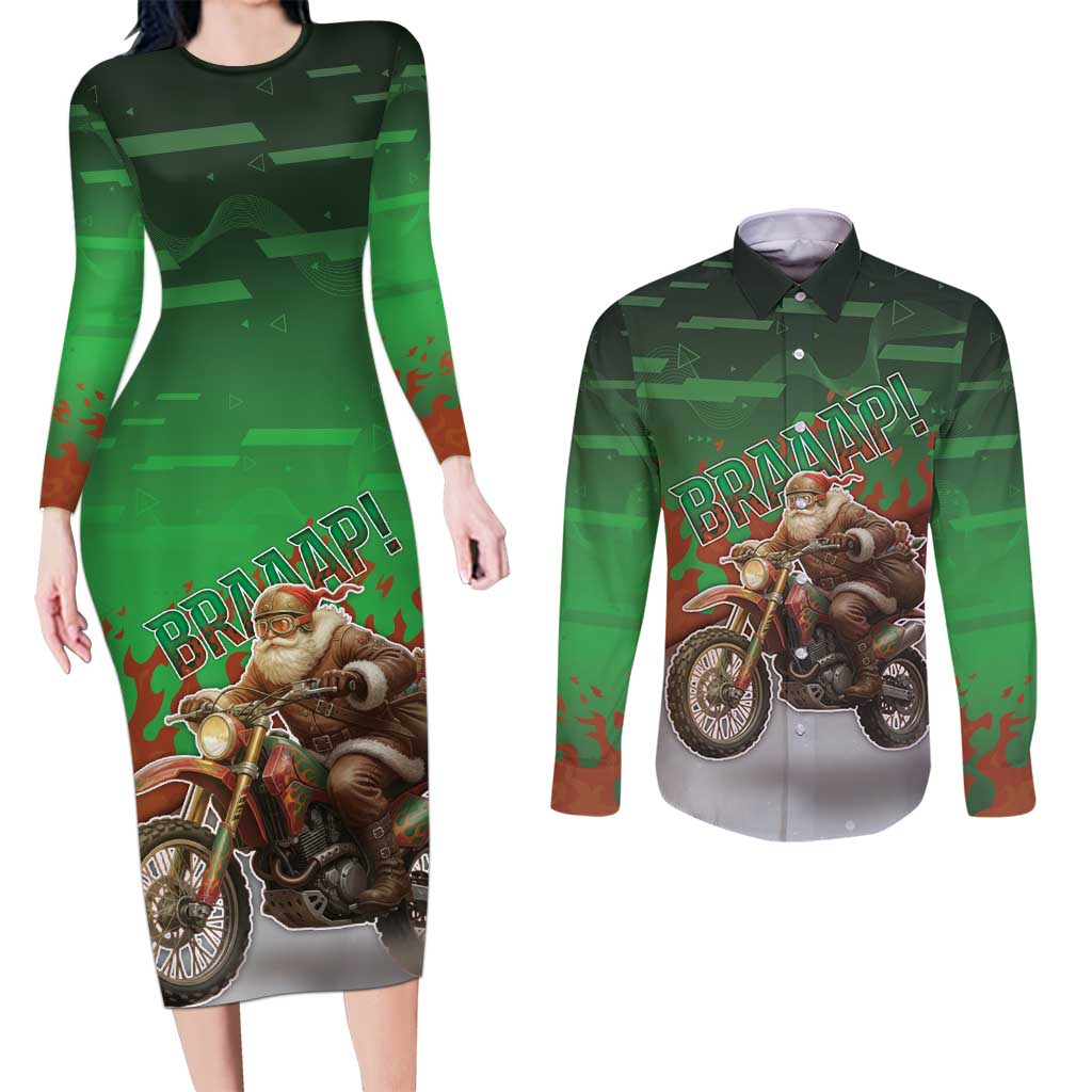 Braaap Christmas Couples Matching Long Sleeve Bodycon Dress and Long Sleeve Button Shirt Motocross Santa - Wonder Print Shop