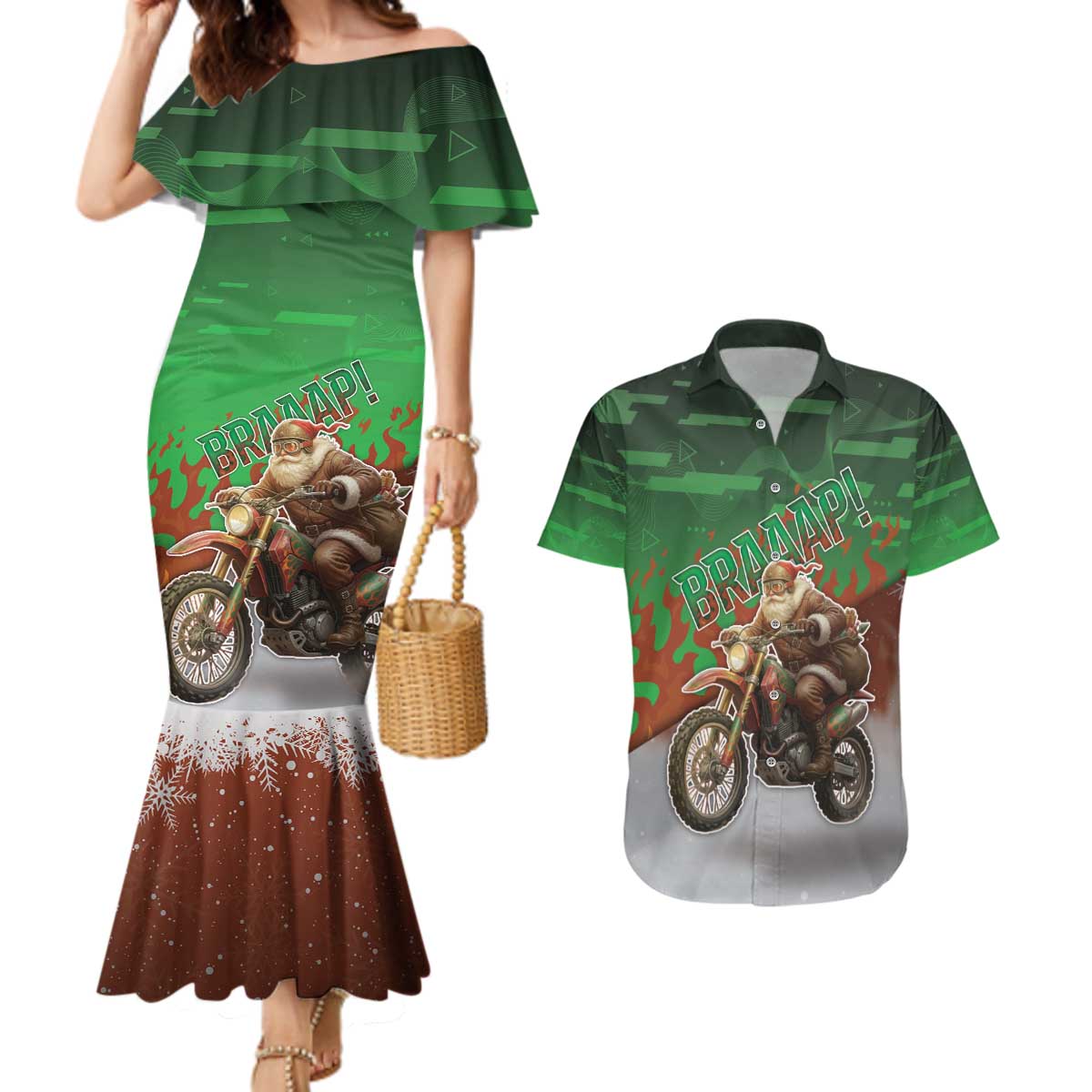 Braaap Christmas Couples Matching Mermaid Dress and Hawaiian Shirt Motocross Santa - Wonder Print Shop