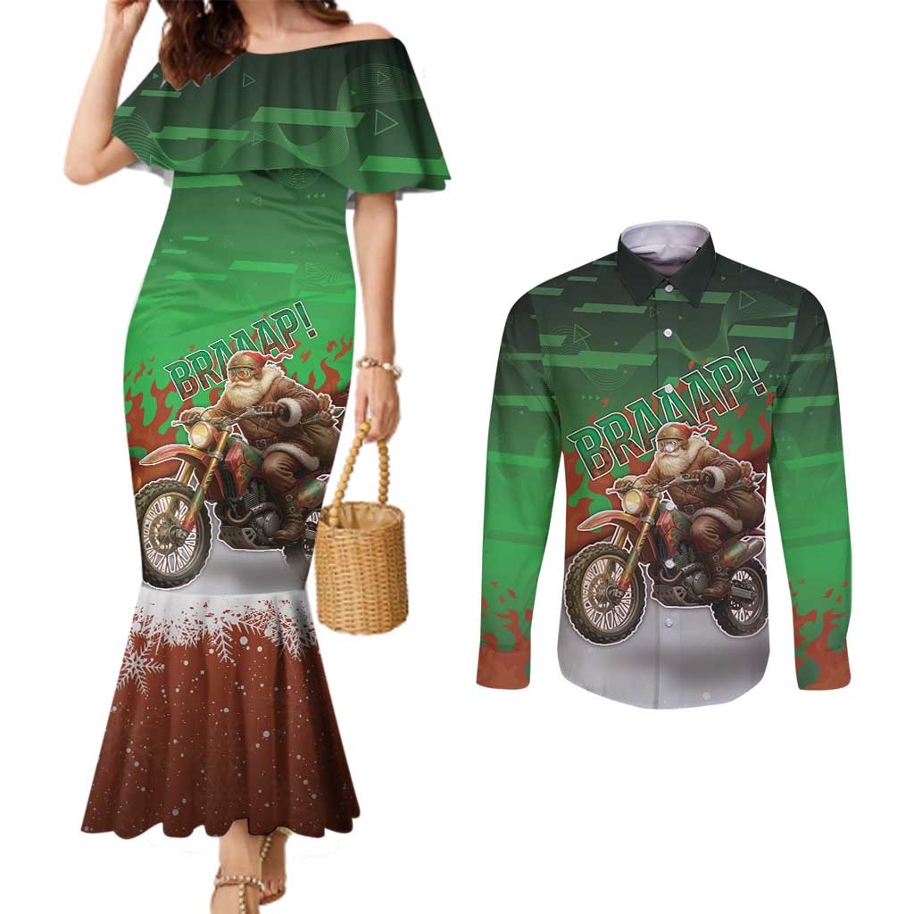 Braaap Christmas Couples Matching Mermaid Dress and Long Sleeve Button Shirt Motocross Santa - Wonder Print Shop