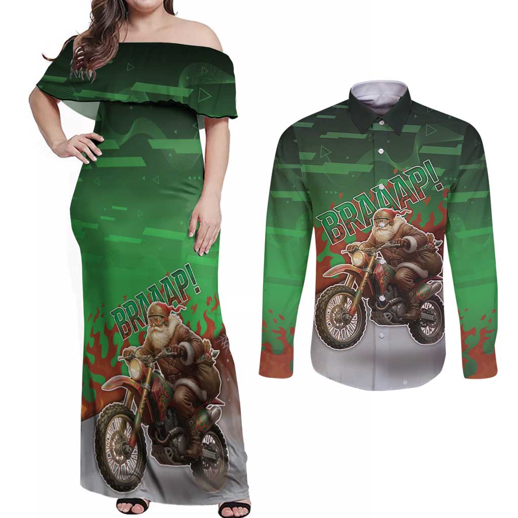 Braaap Christmas Couples Matching Off Shoulder Maxi Dress and Long Sleeve Button Shirt Motocross Santa - Wonder Print Shop