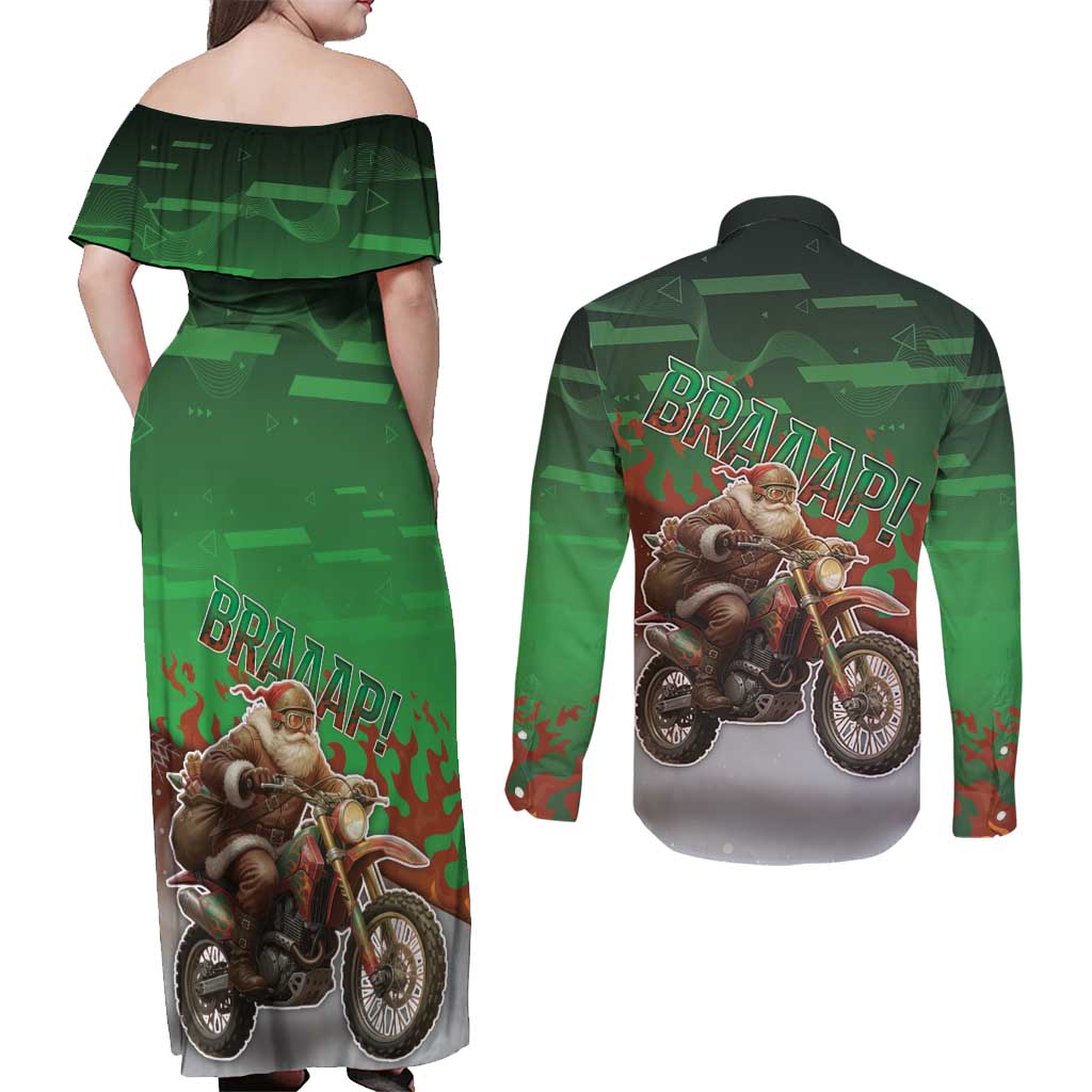 Braaap Christmas Couples Matching Off Shoulder Maxi Dress and Long Sleeve Button Shirt Motocross Santa - Wonder Print Shop