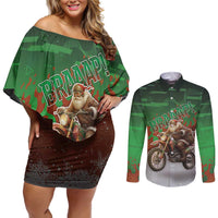 Braaap Christmas Couples Matching Off Shoulder Short Dress and Long Sleeve Button Shirt Motocross Santa - Wonder Print Shop