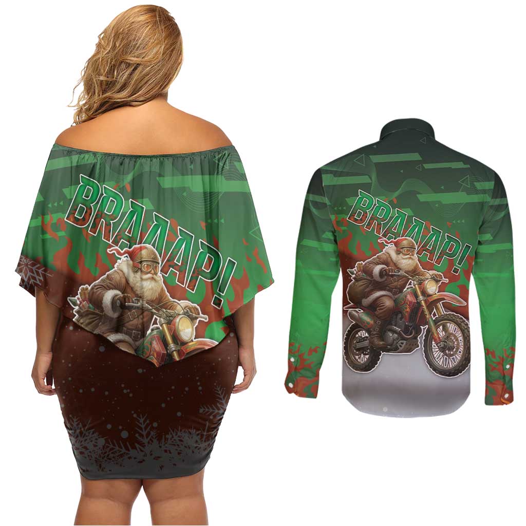 Braaap Christmas Couples Matching Off Shoulder Short Dress and Long Sleeve Button Shirt Motocross Santa - Wonder Print Shop