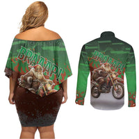 Braaap Christmas Couples Matching Off Shoulder Short Dress and Long Sleeve Button Shirt Motocross Santa - Wonder Print Shop