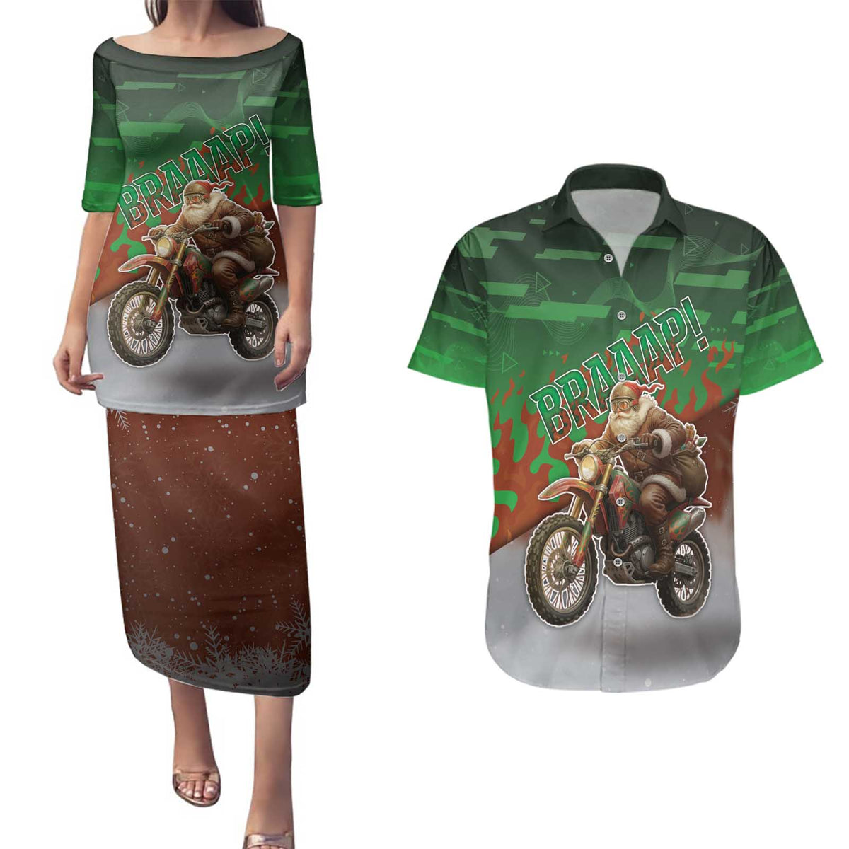 Braaap Christmas Couples Matching Puletasi and Hawaiian Shirt Motocross Santa - Wonder Print Shop