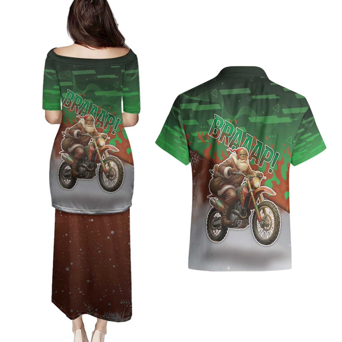 Braaap Christmas Couples Matching Puletasi and Hawaiian Shirt Motocross Santa - Wonder Print Shop