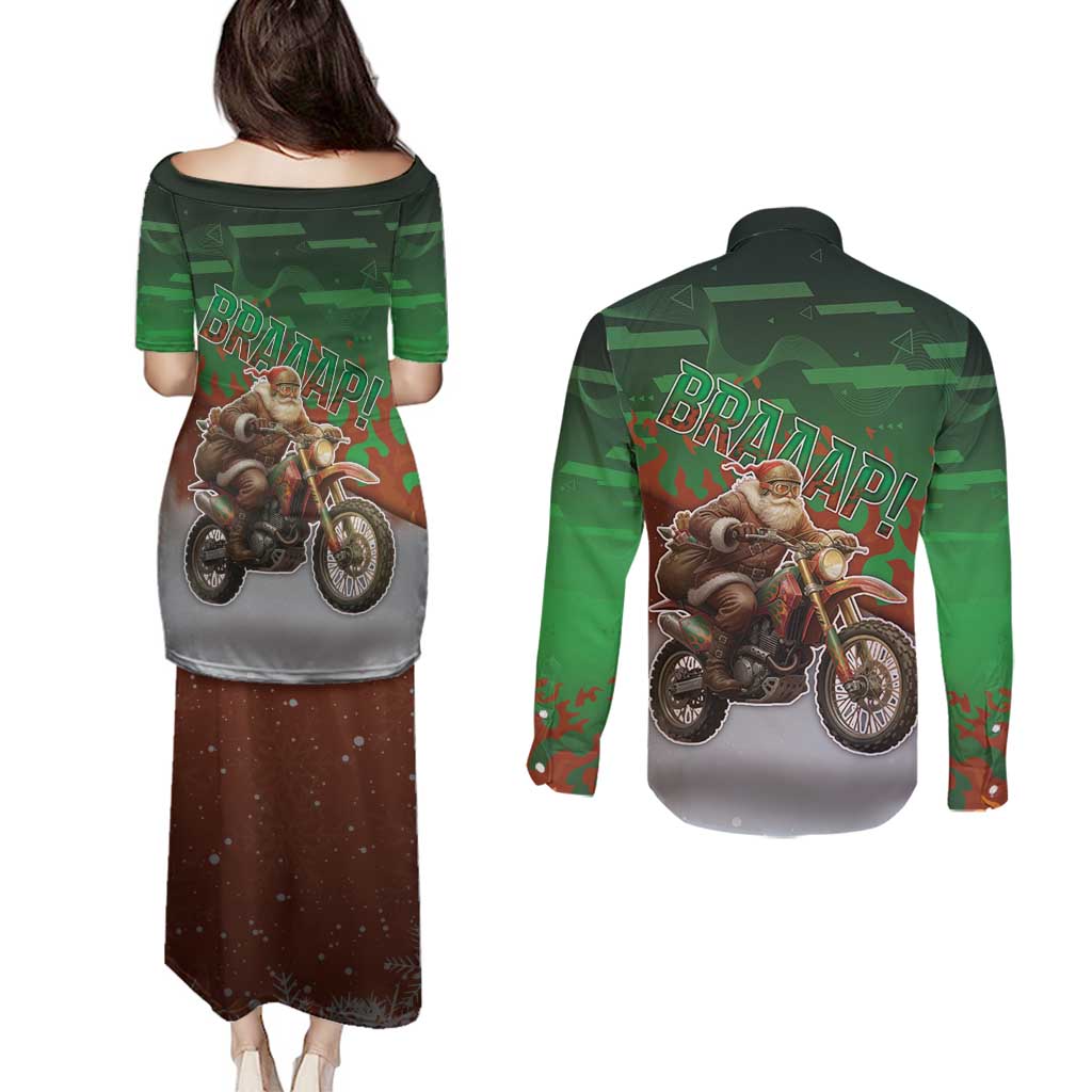 Braaap Christmas Couples Matching Puletasi and Long Sleeve Button Shirt Motocross Santa - Wonder Print Shop