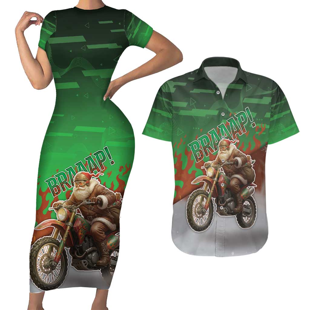 Braaap Christmas Couples Matching Short Sleeve Bodycon Dress and Hawaiian Shirt Motocross Santa - Wonder Print Shop