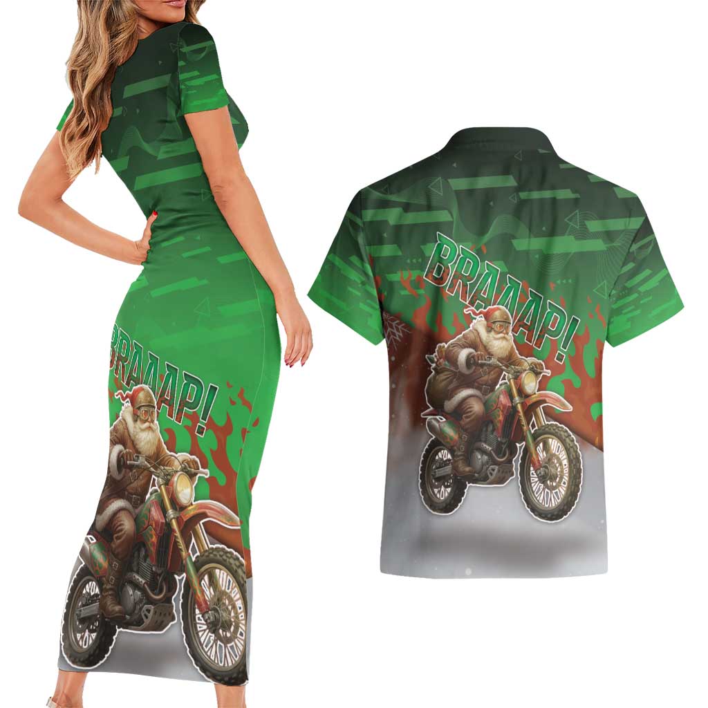 Braaap Christmas Couples Matching Short Sleeve Bodycon Dress and Hawaiian Shirt Motocross Santa - Wonder Print Shop