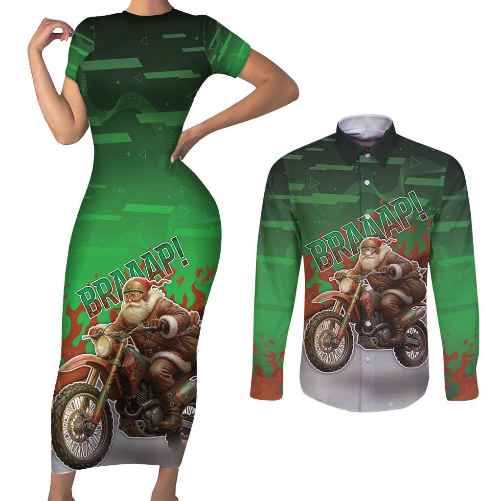 Braaap Christmas Couples Matching Short Sleeve Bodycon Dress and Long Sleeve Button Shirt Motocross Santa - Wonder Print Shop