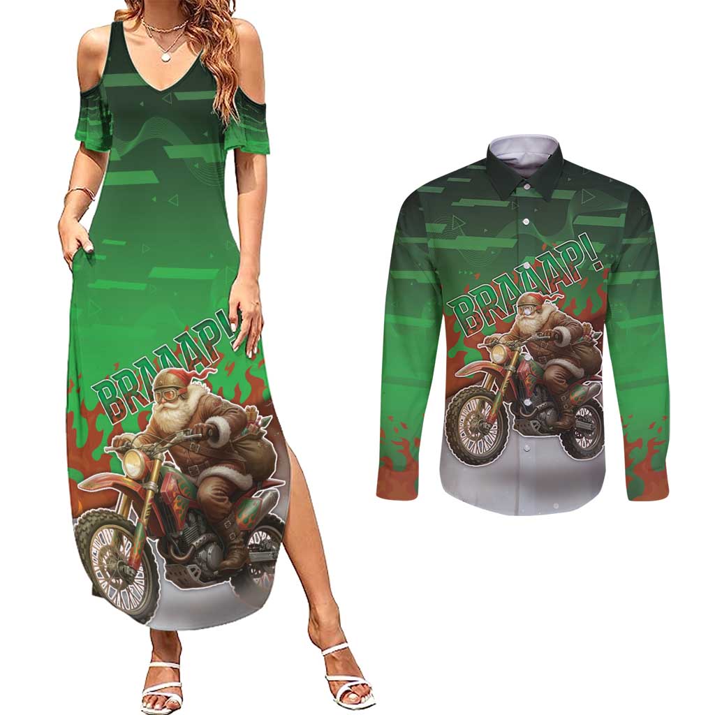 Braaap Christmas Couples Matching Summer Maxi Dress and Long Sleeve Button Shirt Motocross Santa - Wonder Print Shop