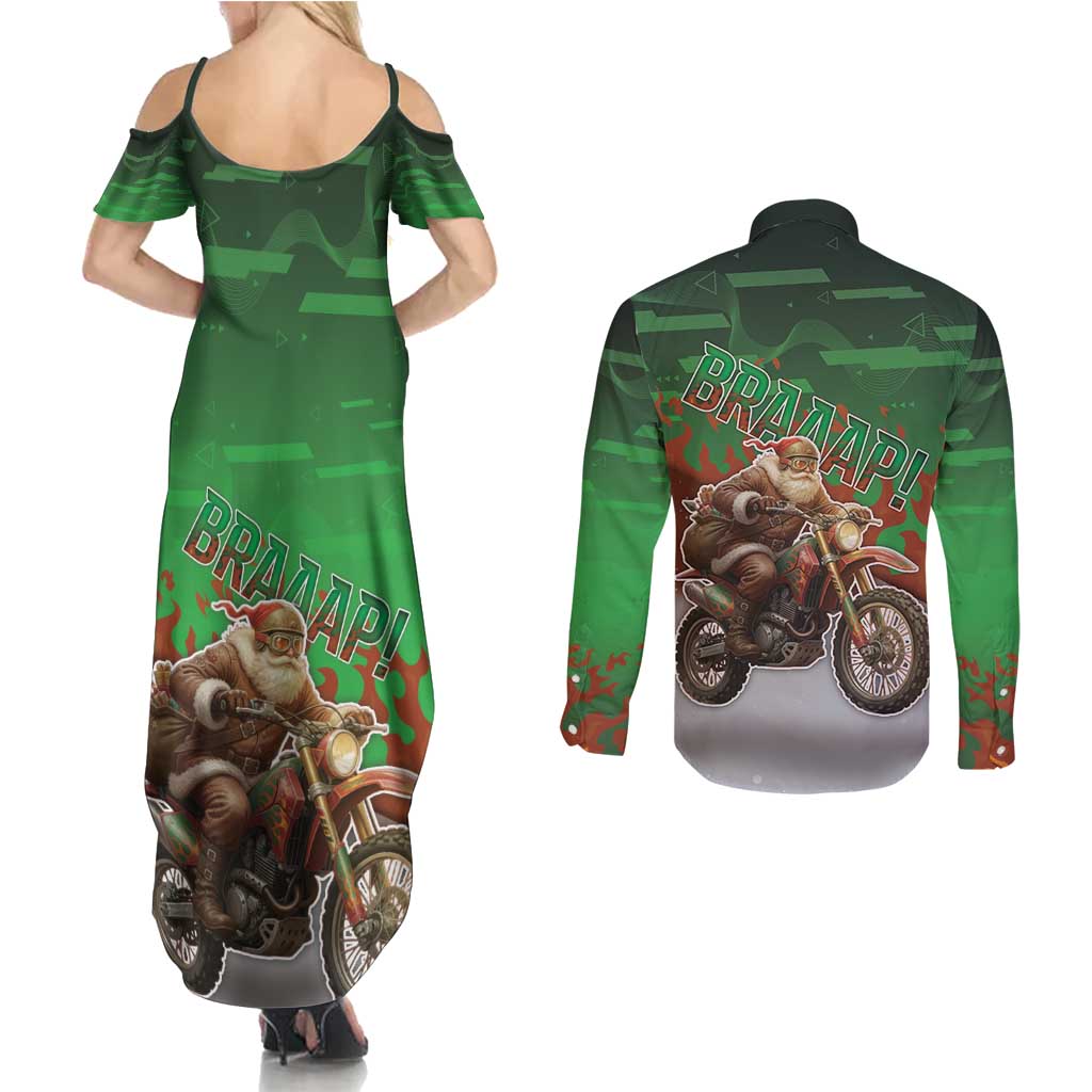 Braaap Christmas Couples Matching Summer Maxi Dress and Long Sleeve Button Shirt Motocross Santa - Wonder Print Shop