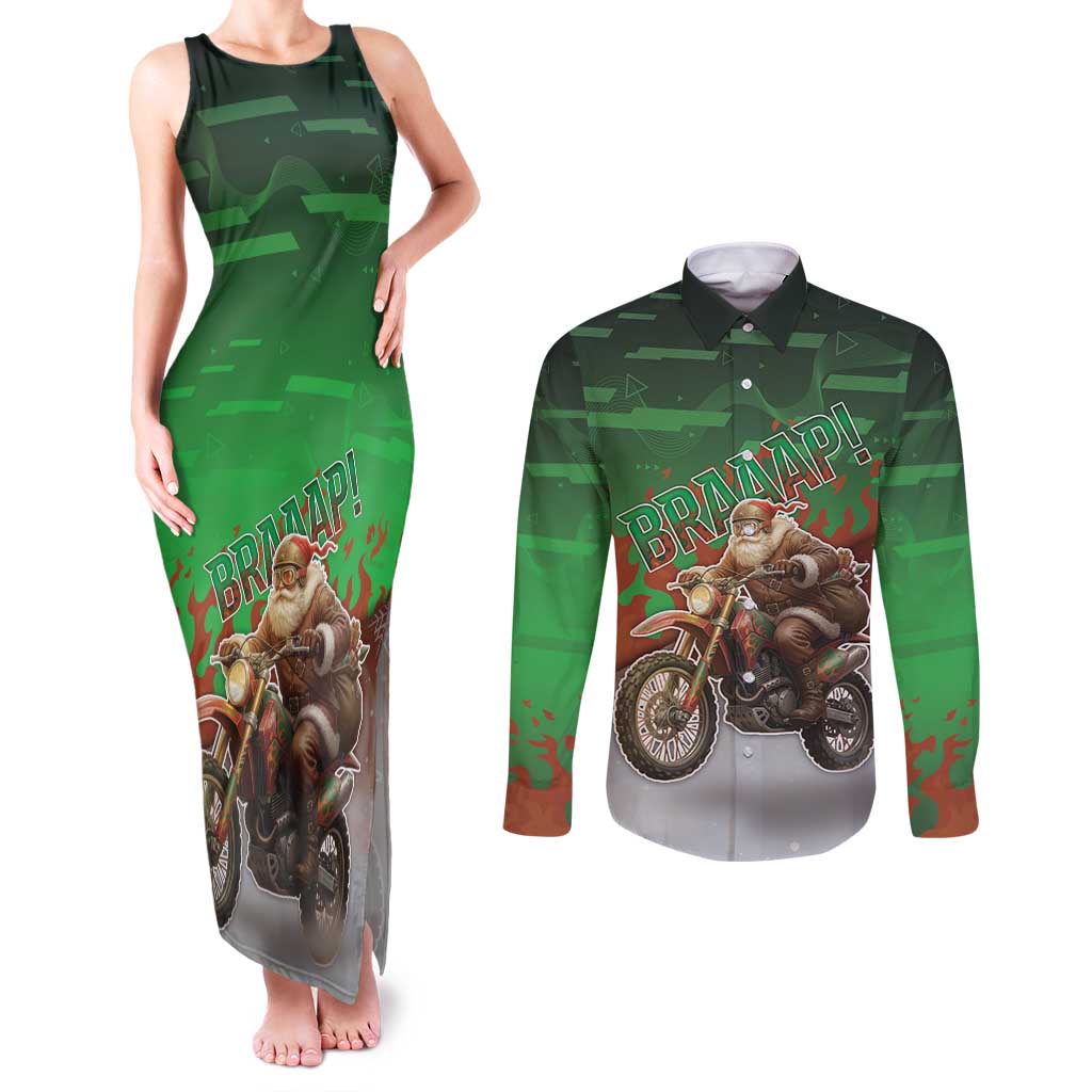 Braaap Christmas Couples Matching Tank Maxi Dress and Long Sleeve Button Shirt Motocross Santa - Wonder Print Shop