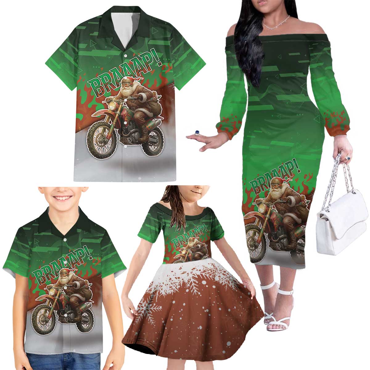Braaap Christmas Family Matching Off The Shoulder Long Sleeve Dress and Hawaiian Shirt Motocross Santa - Wonder Print Shop