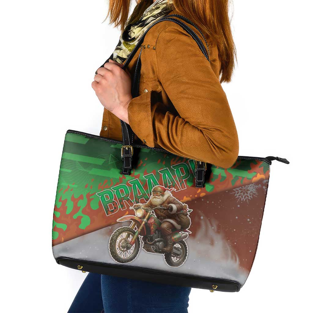 Braaap Christmas Leather Tote Bag Motocross Santa - Wonder Print Shop