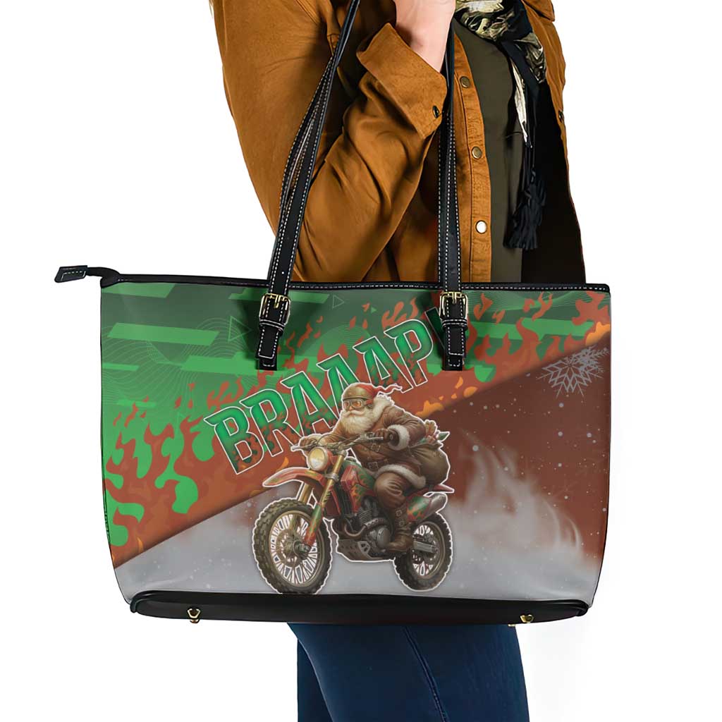 Braaap Christmas Leather Tote Bag Motocross Santa - Wonder Print Shop