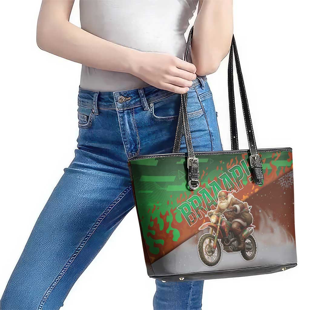 Braaap Christmas Leather Tote Bag Motocross Santa - Wonder Print Shop