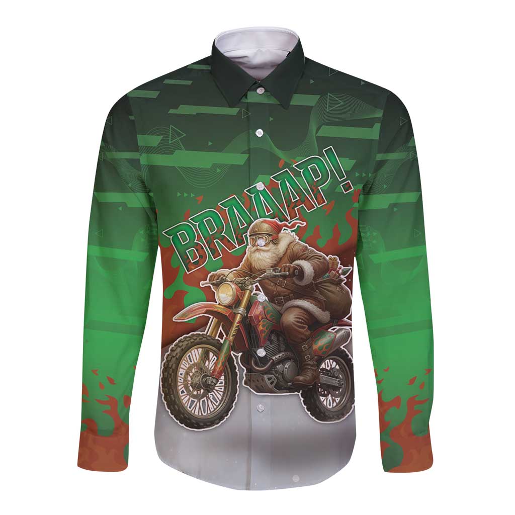 Braaap Christmas Long Sleeve Button Shirt Motocross Santa - Wonder Print Shop