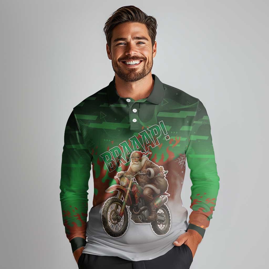 Braaap Christmas Long Sleeve Polo Shirt Motocross Santa - Wonder Print Shop
