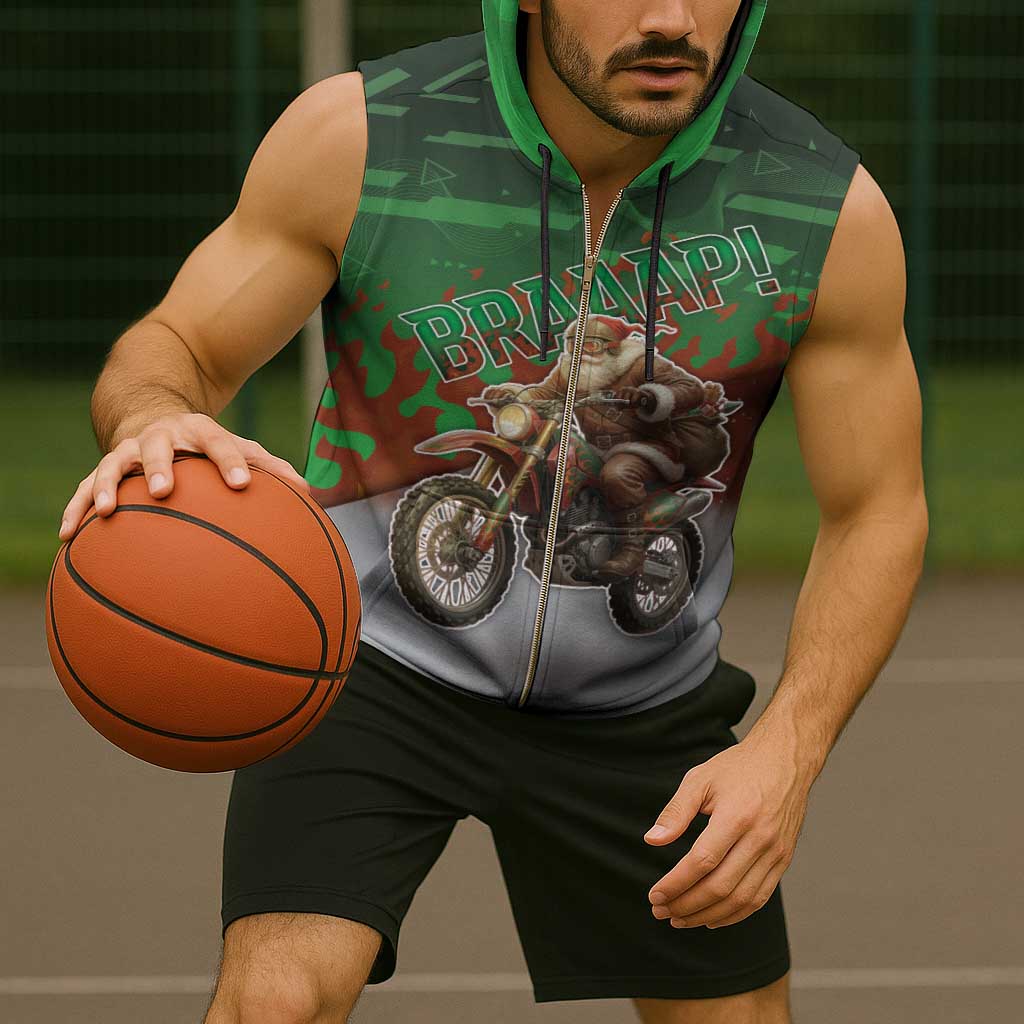 Braaap Christmas Sleeveless Zip Hoodie Motocross Santa - Wonder Print Shop