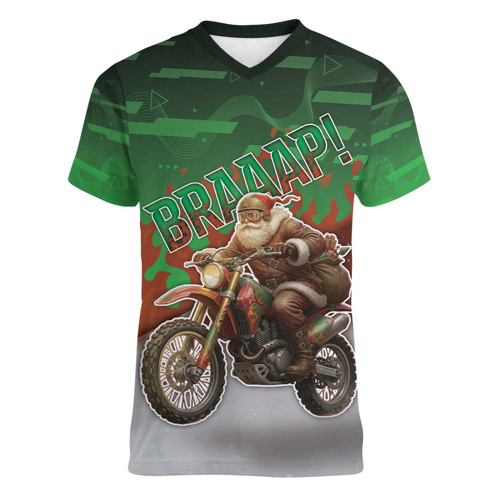Braaap Christmas Women V-Neck T-Shirt Motocross Santa - Wonder Print Shop