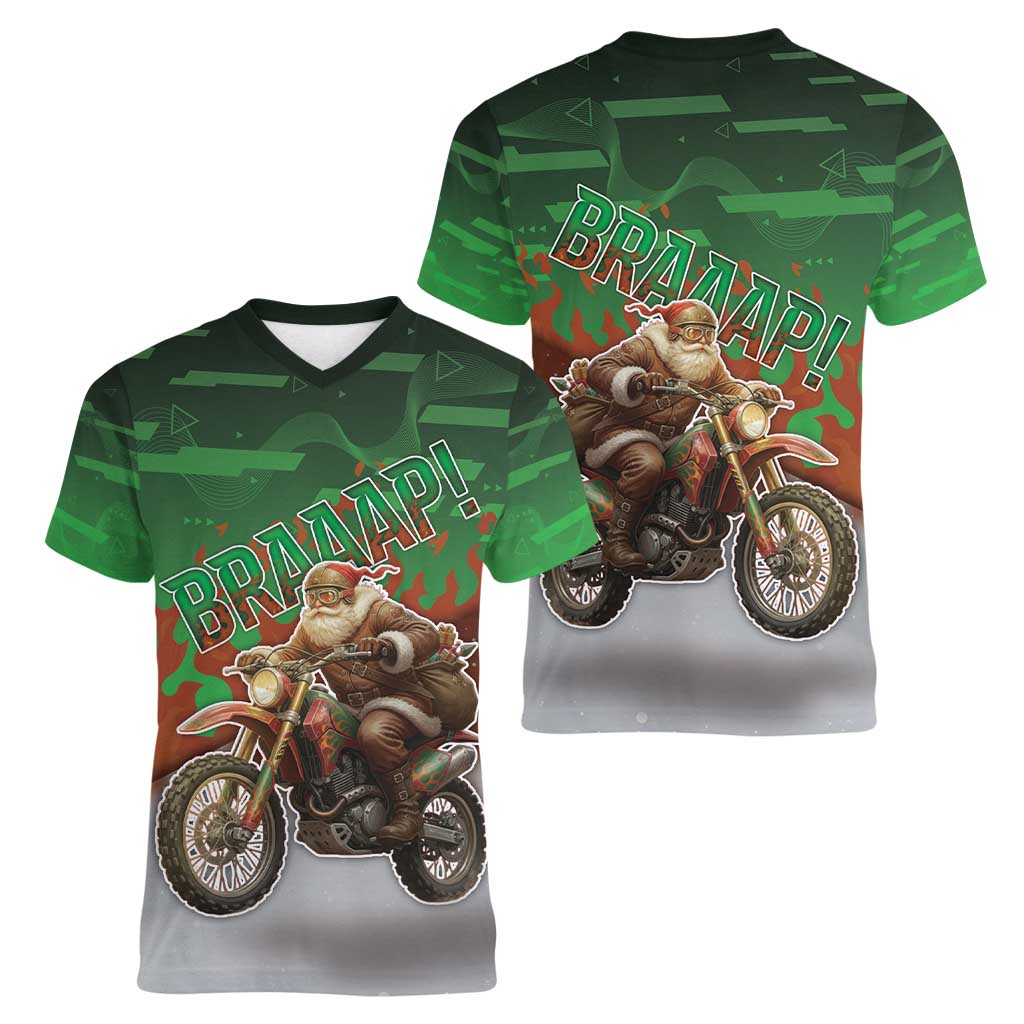 Braaap Christmas Women V-Neck T-Shirt Motocross Santa - Wonder Print Shop