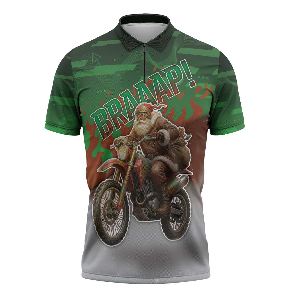 Braaap Christmas Zipper Polo Shirt Motocross Santa - Wonder Print Shop