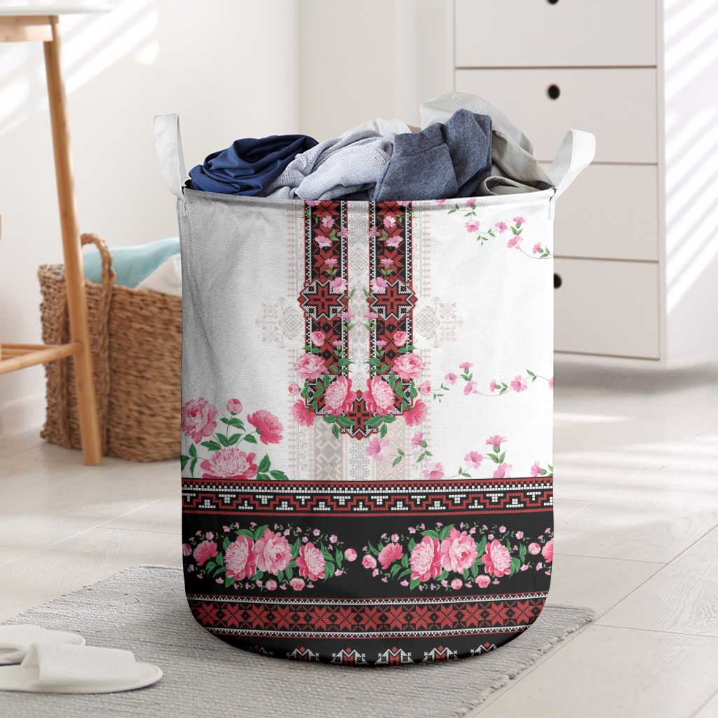 Red Romanian National Costume Laundry Basket Peony Flowers Traditional Folk Pattern - Wonder Print Shop