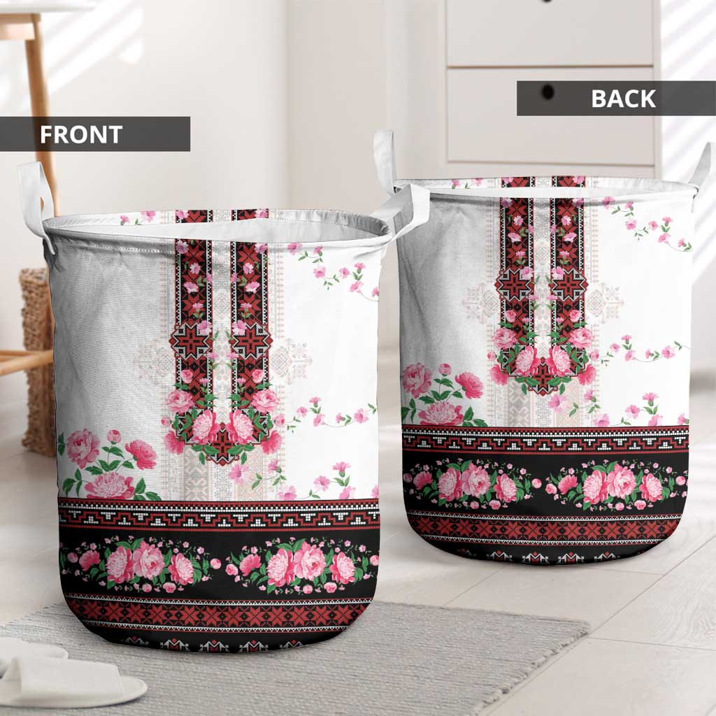Red Romanian National Costume Laundry Basket Peony Flowers Traditional Folk Pattern - Wonder Print Shop