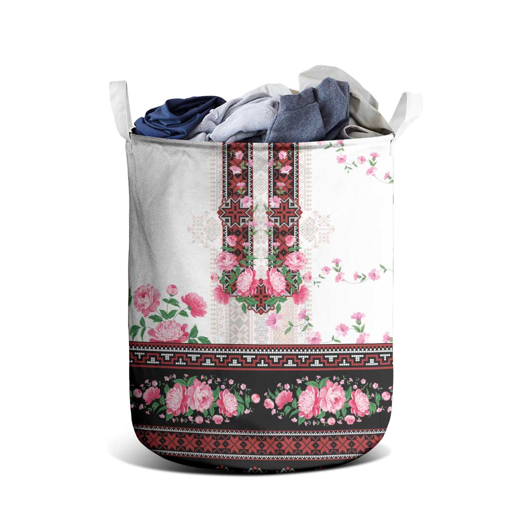 Red Romanian National Costume Laundry Basket Peony Flowers Traditional Folk Pattern - Wonder Print Shop