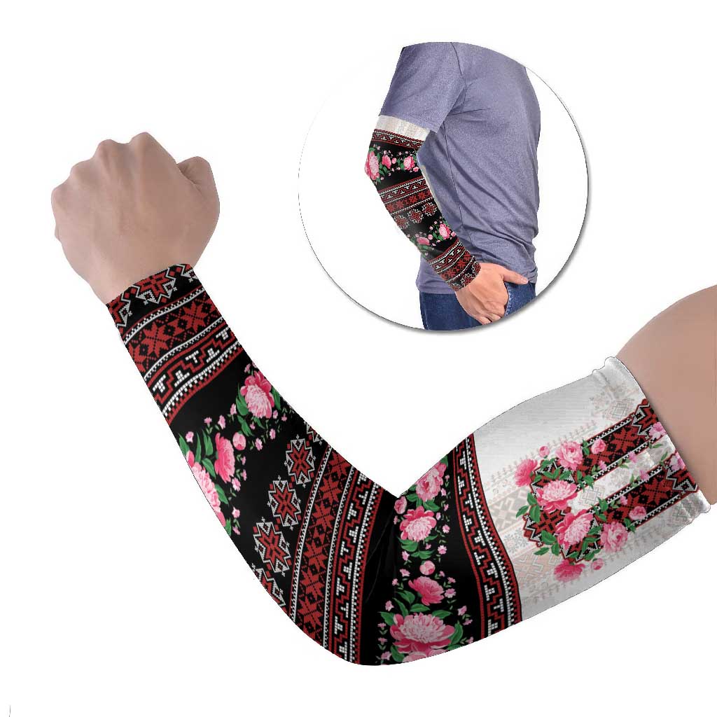 Red Romanian National Costume Arm Sleeves Peony Flowers Traditional Folk Pattern - Wonder Print Shop