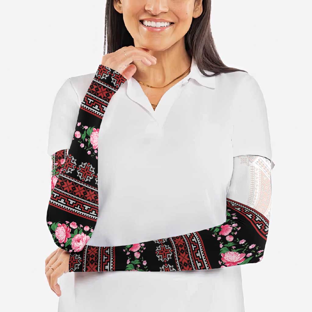 Red Romanian National Costume Arm Sleeves Peony Flowers Traditional Folk Pattern - Wonder Print Shop