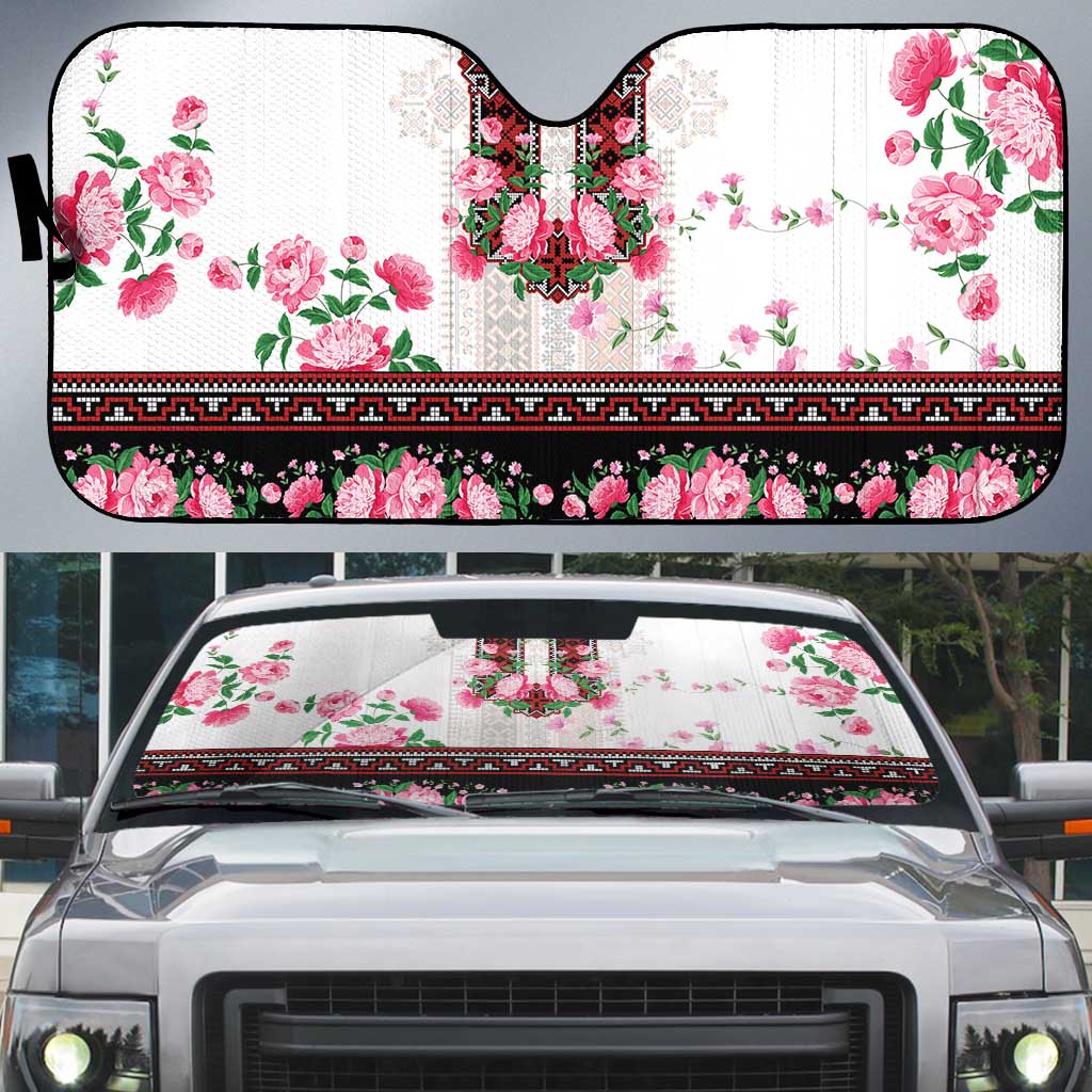 Red Romanian National Costume Auto Sun Shade Peony Flowers Traditional Folk Pattern - Wonder Print Shop
