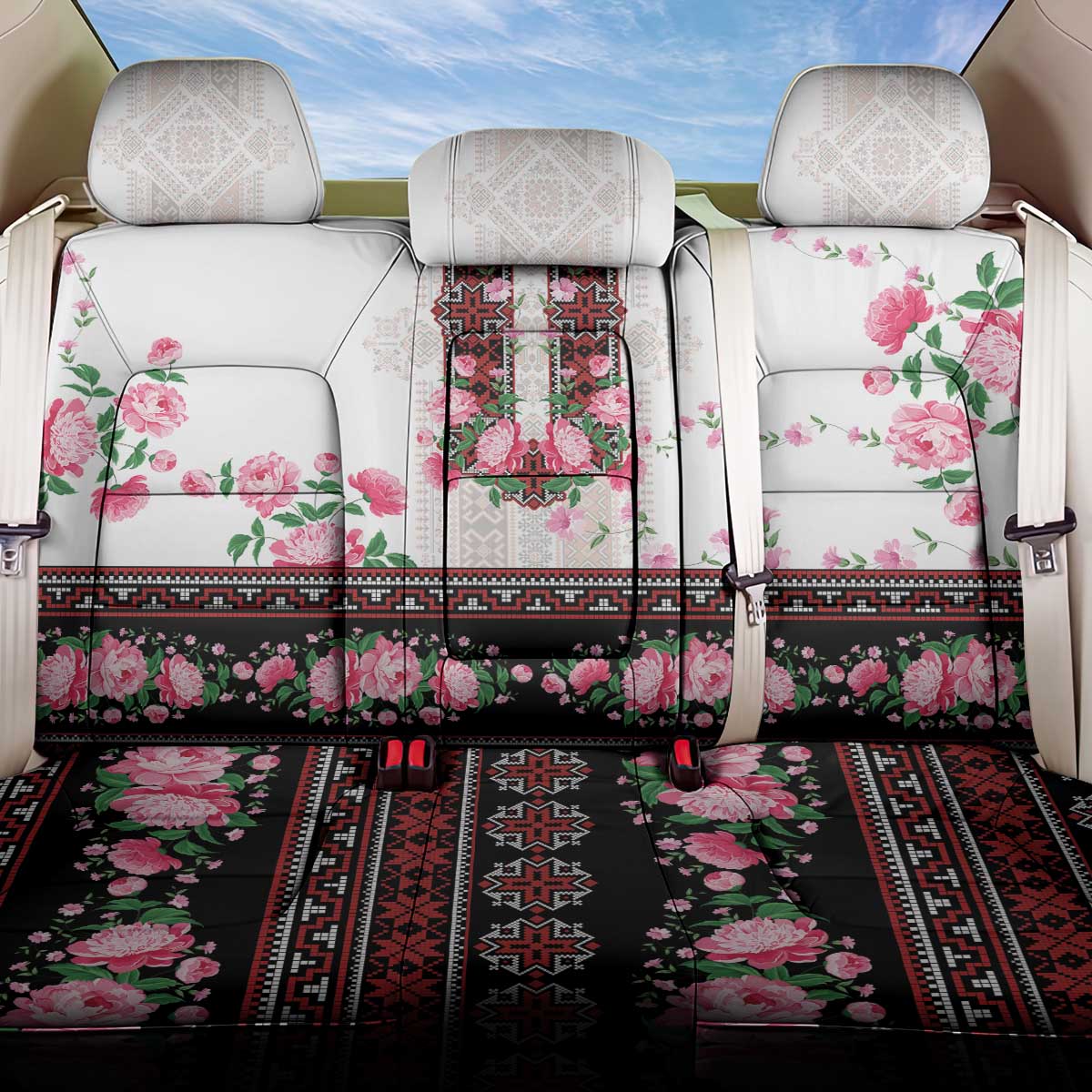 Red Romanian National Costume Back Car Seat Cover Peony Flowers Traditional Folk Pattern - Wonder Print Shop