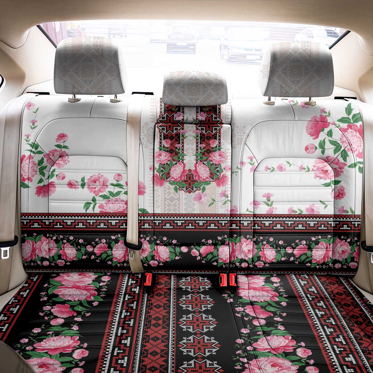 Red Romanian National Costume Back Car Seat Cover Peony Flowers Traditional Folk Pattern - Wonder Print Shop