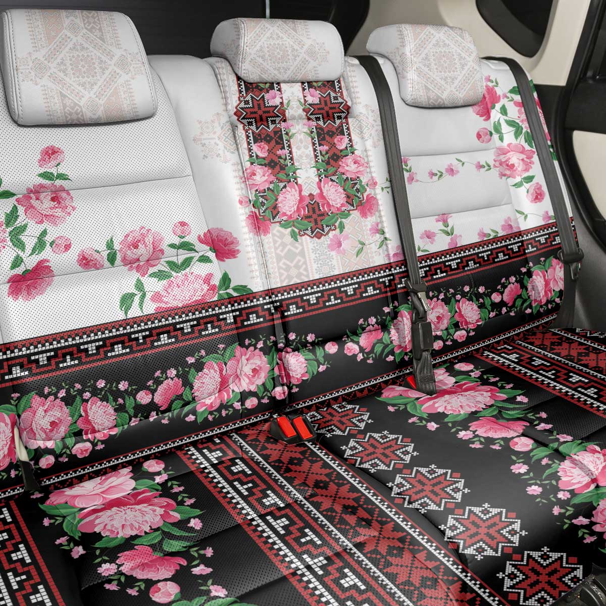 Red Romanian National Costume Back Car Seat Cover Peony Flowers Traditional Folk Pattern - Wonder Print Shop