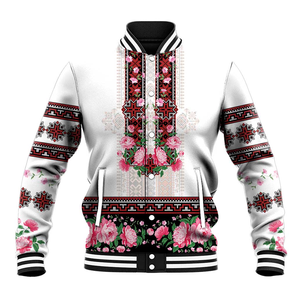 Red Romanian National Costume Baseball Jacket Peony Flowers Traditional Folk Pattern - Wonder Print Shop