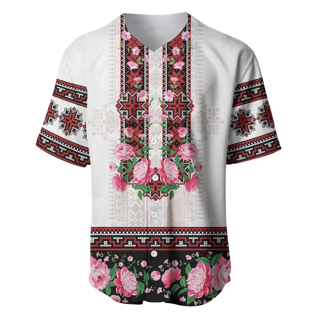 Red Romanian National Costume Baseball Jersey Peony Flowers Traditional Folk Pattern - Wonder Print Shop