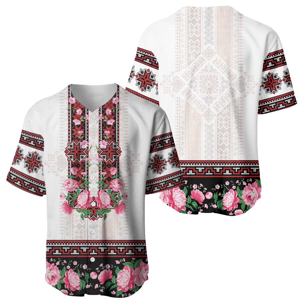 Red Romanian National Costume Baseball Jersey Peony Flowers Traditional Folk Pattern - Wonder Print Shop